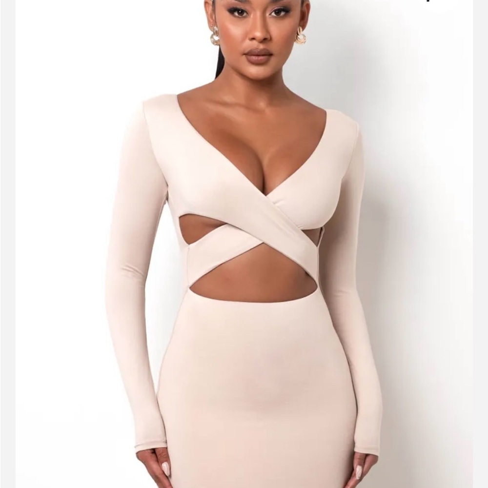 Tan Bodycon Mini Dress with Plunge Neckline